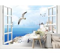 skdhlifpj Papel Pintado Fotográfico 3d Vista Desde Una Ventana Mediterránea 150cmx105cm Castillo Blanco Junto Al Mar Con Gaviotas Y Paisaje Natural Tejido No Tejido Decoración Paredes Fotomurales