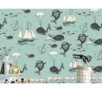 skdhlifpj Papel Pintado Niños 3d Tejido No Tejido Fotográfico Cuarto Infantil Con Ballenas En El Mar Mediterráneo En Acuarela 430cmx300cm Madera Rayas Fotomurales