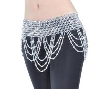 Skdvy Danza del Vientre Cadera,Borla Bufandas de Caderas Mujeres Bellydance Ropa Tassel Hip Bufanda Belly Dance Elastic Wraped Cinturón con Oro/Plateado Fringes con Cuentas(Silver Cross Beads)
