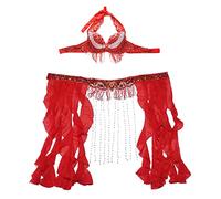 Skdvy Danza del Vientre Cadera,Borla Bufandas de Caderas Tamaño S-XL Performance Women Womenwear Professional 2 unids Outfit Beads Disfraz Belly Dance Bla Cinturón con Franja(Red Bra Belt,L)