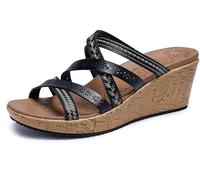 Skechers Beverlee - Tiger Posse - Bohemian Embroidered Multi-Strap Wedge Sandal Black