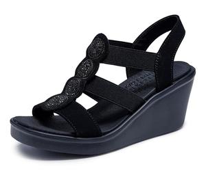 Skechers Cali Womens Rumble ON - Camp Glam Wedge Sandals, Black/Black, 7 M