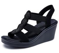 Skechers Cali Womens Rumble ON - Camp Glam Wedge Sandals, Black/Black, 9 M