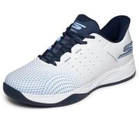 Skechers Hombre Viper Court Reload Slip-In Entrenador, White Synthetic/Textile/Blue Trim/Navy Trim, 43 EU