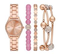 Skechers Juego de regalo de reloj y pulsera de aleación de oro rosa de tres manecillas para mujer, Rosado