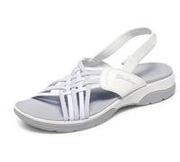 Skechers Sandalia deportiva Arch FIT Reggae para mujer, color blanco Duraleather/Gore/gris claro, talla 2 UK, Blanco Duraleather Gore - Ribete gris claro, 35 EU