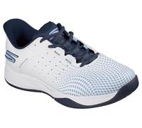Skechers Viper Court Reload - Tenis sin Cordones para Hombre, Tela sintética Blanca con Ribete Azul y Ribete Azul Marino, 42.5 EU