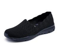 Skechers Women's Seager-STAT-Scalloped Collar, Engineered Skech-Knit Slip-On-Classic Fit Loafer, Black, 8.5 W US