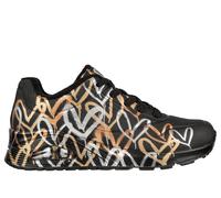 Skechers x JGoldcrown: UNO - Metallic Love en Negro/Oro, talla 36
