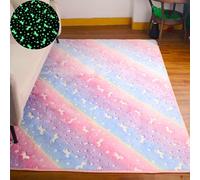 Skeiyo Alfombra que brilla en la oscuridad, alfombras luminosas para dormitorio, sala de estar, alfombra elástica de pelo bajo, alfombra colorida rosa, unicornio arcoíris, 120 x 160 pulgadas