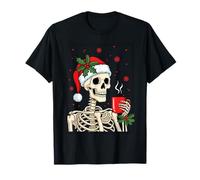 Skeleton Christmas Coffee Santa Hat Funny Holiday Camiseta