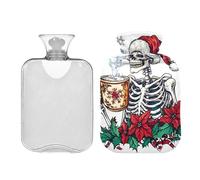Skeleton Christmas Holly - Botella de agua caliente con funda de terciopelo, bolsa de agua caliente de 2 litros para compresión caliente y fría, calentador de cama, ideal para aliviar el dolor de