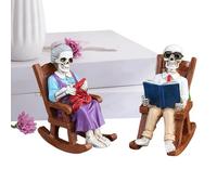 Skeleton Figurines, Rocking Chair Skull Figurine Ornament, 2.76x2.36x1.26 inches Resin Statue of Couple Reading, Decorative Halloween Home Decor for Shelf, Table, Bookshelf, Mantel, or Bedroom Display
