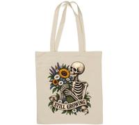 Skeleton Holding Bright Flower Bouquet - Bolsa de algodón natural, color blanco