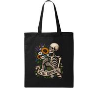 Skeleton Holding Bright Flower Bouquet - Bolsa de algodón natural, color negro
