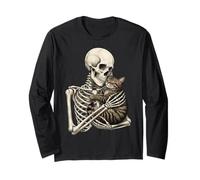 Skeleton Hugging Cat Cute Halloween Graphic Manga Larga