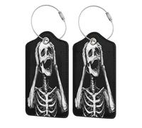 Skeleton is Holding Its Head - Etiqueta de equipaje para maleta, paquete de 2 etiquetas de equipaje de cuero con solapa de privacidad, etiqueta de identificación de nombre y lazo de metal para mujeres