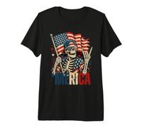 Skeleton Merica Rock American Flag Patriotic 4th of July Camiseta Premium
