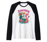 Skeleton Mermaid Floatie Happy Summerween Halloween Spooky Camiseta Manga Raglan