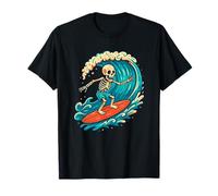 Skeleton Surfer Vintage Big Wave Surf Divertido Halloween Camiseta