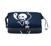Skeleton with Happy Soul - Neceser de doble capa para mujeres y niñas, neceser de viaje, bolsa organizadora de maquillaje con compartimento para brochas, multicolor, 27x15x14 cm/10.6x5.9x5.5 in,