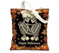 Skeletons - Bolsa de lona para mujer, diseño de calabazas festivas y hojas de Halloween, color negro, ideas para viajes, trabajo, compras, librería, 13 x 15 pulgadas