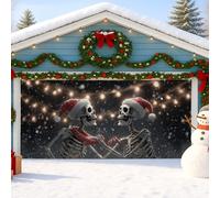 Skeletons in Santa Hats - Cubierta para puerta de garaje, decoración navideña vintage espeluznante, tema navideño blanco y negro, decoraciones de invierno para interiores y exteriores, 157 x 71