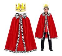SKHAOVS 2 Piezas Disfraz de Rey Reina Adulto, Capa de Reina Rey Abrigo Real Capa de Terciopelo con Corona, Disfraz Medieval Adulto para Halloween, Carnaval, Fiesta Temática,120cm (Red)