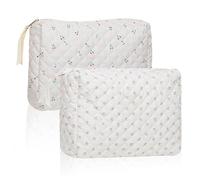 SKHAOVS 2 Piezas Neceser Grande, Bolso de Cosméticos de Viaje Bolsa de Maquillaje Mujer Bolsa de Viaje de Algodón con Cremallera Neceser Maquillaje, Bolsa Maquillaje para Viajes, Vacaciones (Blanco)