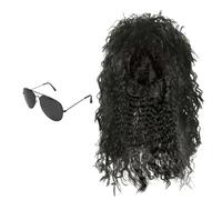 SKHAOVS 2 Piezas Negras Juego de Peluca de Rock y Gafas de Sol - Disco de Años 80, Hippie, Rizada - Accesorios Punks para Fiesta, Halloween, Carnaval