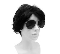 SKHAOVS 2 Piezas Negro Pelo Corto Gafas de Sol Set Peluca de Pelo Negro,Natural Ondulado con Capas,Peluca Negra Rizada,Peluca 70s 80s Cosplay para Fiesta Halloween Festival de Música (Negro)