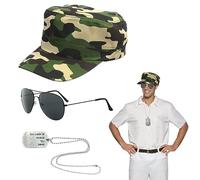SKHAOVS 3 Piezas Disfraz de Piloto Militar de Hombre, Army Accesorios de TáCtica Soldados con Sombrero de Camuflaje Placa de Identificación Gafas de Sol para Soldado Cosplay Halloween Carnaval