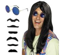 SKHAOVS 3 Piezas Set de Disfraz de Hippie - Peluca Negra Larga, Bigote, Gafas de Sol - Años 50/60/70 - Accesorios para Fiesta, Carnaval, Halloween (Negro)