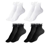 SKHAOVS 4 Pares Calcetines Blancos y Negros para Mujer, Calcetines Tobilleros Adultos con Volantes, Calcetines de Ballet y de Vestir de Algodón para Mujer y Niña