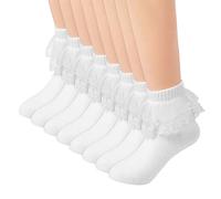 SKHAOVS 4 Pares Calcetines con Volantes Calcetines Tobilleros de Encaje con Volantes de Algodón Punto Calcetines Casuales de Color Sólido Blanco de Encaje Volantes para Chicas (Blanco)