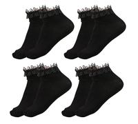 SKHAOVS 4 Pares Calcetines Mujer Negro - Tobillo, Con Volantes, de Algodón, Encaje, Ballet, Lindo, Dulce Princesa (Negro)