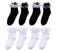 SKHAOVS 4 Pares Calcetines Volantes para Mujer - Ballet Blancos y Negros, Tobilleros con Volantes, Princesa con Estilo, Vestir para Mujeres y Niñas