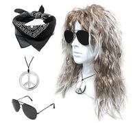 SKHAOVS 4 Piezas Set de Pelucas de Rock Peluca Disco de Años 60/70/80 Disfraz Hippie Peluca Rizada Gafas de Sol Bandana Collar de Paz Disfraz Disco para Fiesta Halloween (Marrón Blanco)