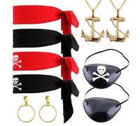 SKHAOVS Juego de disfraz de capitán pirata, 10 accesorios que incluyen bandana y parches para los ojos para fiesta de Halloween