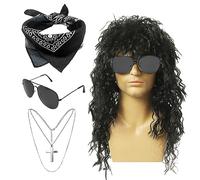 SKHAOVS Juego de disfraz de rockero de los años 60, 70 y 80, peluca hippie, lentes de sol, bandana, collar cruzado