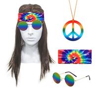 SKHAOVS Juego de Pelucas Hippie, Accesorios para Disfraces Hippie, Peluca Marrón, Gafas de Sol, Collar de la Paz, Diadema Tie Dye, Accesorios para Disfraces Años 60/70 para Hombres Mujeres (4 Piezas)