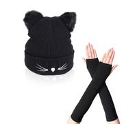 SKHAOVS Traje térmico de 2 piezas, gorro con orejas de gato con guantes largos sin dedos, bonito gorro de gato para amantes de los gatos, gorro de punto cálido de invierno, gorro de punto, regalo de