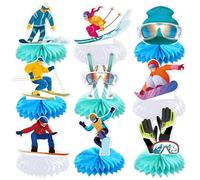 Ski Birthday Party - Celebration Set, 9 Pieces Sport Skier Kit For Festive Tables, Honeycomb Item With Paper Print, Display Accessory, Ornament For Desks, Shelves, Counters And Displays