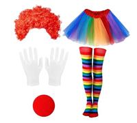 SKIKHN Disfraz de payaso para mujer, disfraz de carnaval para mujer, arco iris, falda de tul, con narices rojas, pelucas, medias de colores, juegos de guantes, para carnaval y fiesta temática