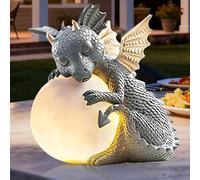 SKIKHN Escultura Decorativa de Dragón, Figura Decorativa Dragon, Adornos de Jardin Decoración, Figuras de Escultura de Dragón con Luz Redonda, para Jardín Balcón Patio Césped Terraza