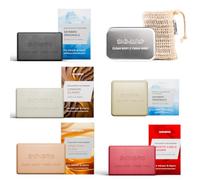 SKINBRO Juego de degustación para hombres - 4 jabones de ducha sólidos y champú sólido, caja de almacenamiento y saquitos de sisal - Vegano y sostenible - Set de regalo perfecto para hombres - Jabón