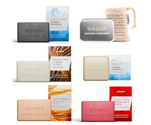 SKINBRO Juego de degustación para hombres - 4 jabones de ducha sólidos y champú sólido, caja de almacenamiento y saquitos de sisal - Vegano y sostenible - Set de regalo perfecto para hombres - Jabón