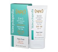Skincyclopedia Crema solar SPF 50, fluido solar para la cara con niacinamida y árbol de té contra espinillas, protector solar Facial Fluid SPF 50, UVA y UVB, protección solar de alto espectro, 50 ml