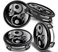 SkinoEu 4 x 75mm Tapas de Rueda de Centro Centrales Llantas Aluminio Compatibles con Tapacubos Mercedes Benz B66470207 / B66470200 Negro Plata Cráneo Yin Yang CMZ 4