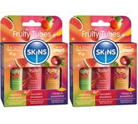 SKINS - 3X Lubricantes Acuosos con Sabor - Lubricante Comestible y Chupetazos - Refrescante Sandía, Deliciosa Fresa y Mango & Maracuyá para Placer Oral & Relaciones Sexuales (Paquete de 2)
